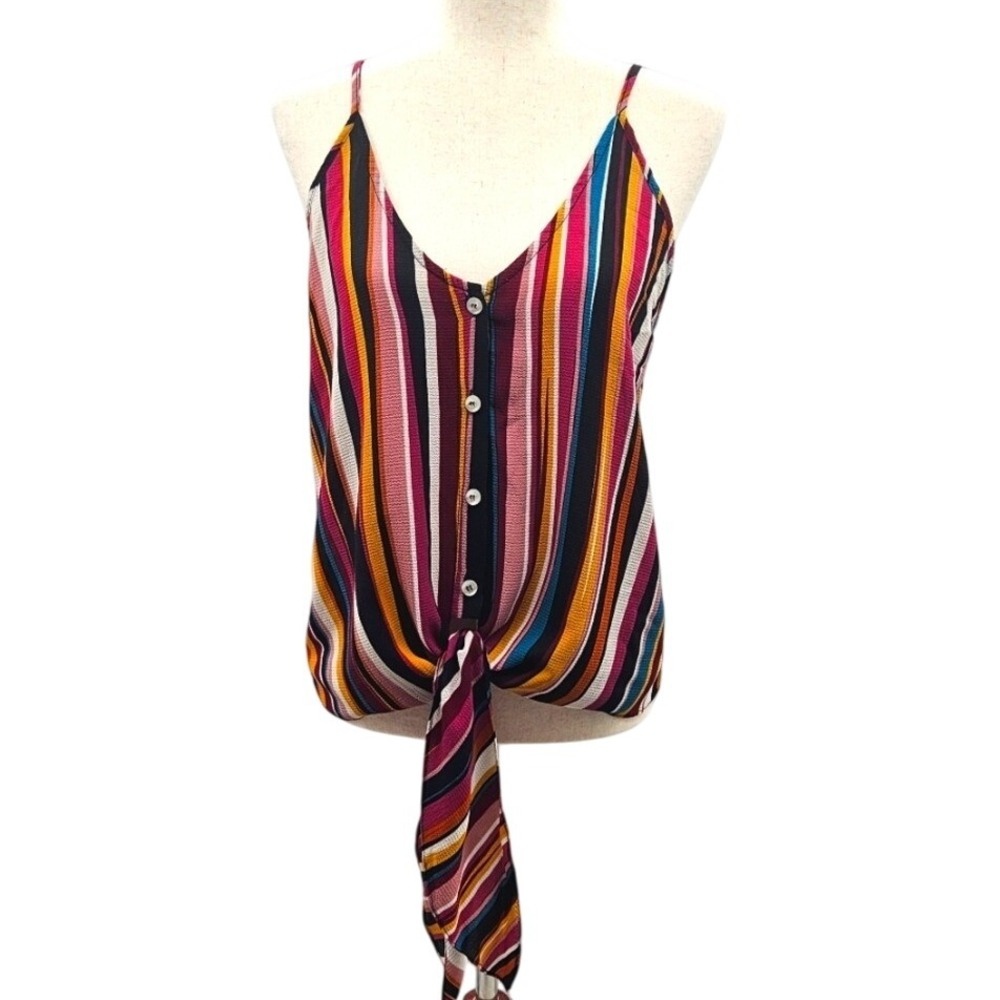 Juniper Blu Striped Cami Top Button Front Tie Sleeveless Casual Blouse